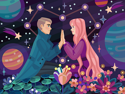 Cosmic love color coloring book cosmos couple cute date digital art field flower illustration love planets romantic sky space stars