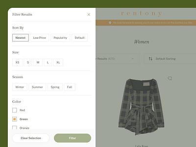 Filtering Options - Clothing Subscription Ecommerce clothing design ecommerce fashion filter form input menu modal options overlay product rental results selection shopping side split screen subscription service ux