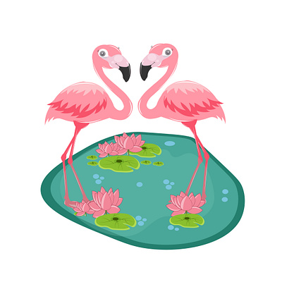 vector illustration of flamingo and water lily