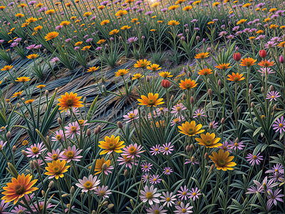 A close-up of a field of wildflowers, at sunset, synthographic artwork colorful illustration landscape