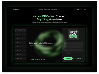 QuickScan: Instant QR Code Generator Web UI 3d dark theme dark theme ui dark ui design figma instant qr interface design qr code qr code generator ui ui design uiux user interface ux web design website