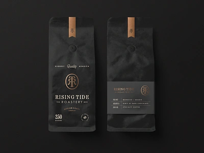 Rising Tide Roastery branding classy coffee coffee bag coffee branding coffee packaging foil mockup monogram roastery vintage branding vintage coffee