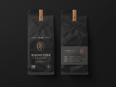 Rising Tide Roastery branding classy coffee coffee bag coffee branding coffee packaging foil mockup monogram roastery vintage branding vintage coffee