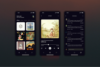 Podcast mobile app app ui audible comments section dark mode listening app media player mobile app design modern design play music podcast app podcast mobile app podcast player ui ux design
