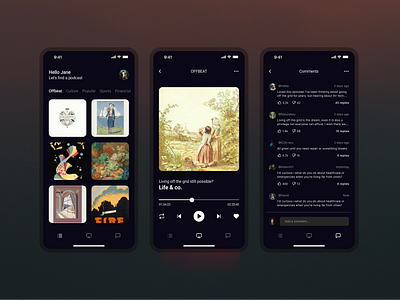 Podcast mobile app app ui audible comments section dark mode listening app media player mobile app design modern design play music podcast app podcast mobile app podcast player ui ux design
