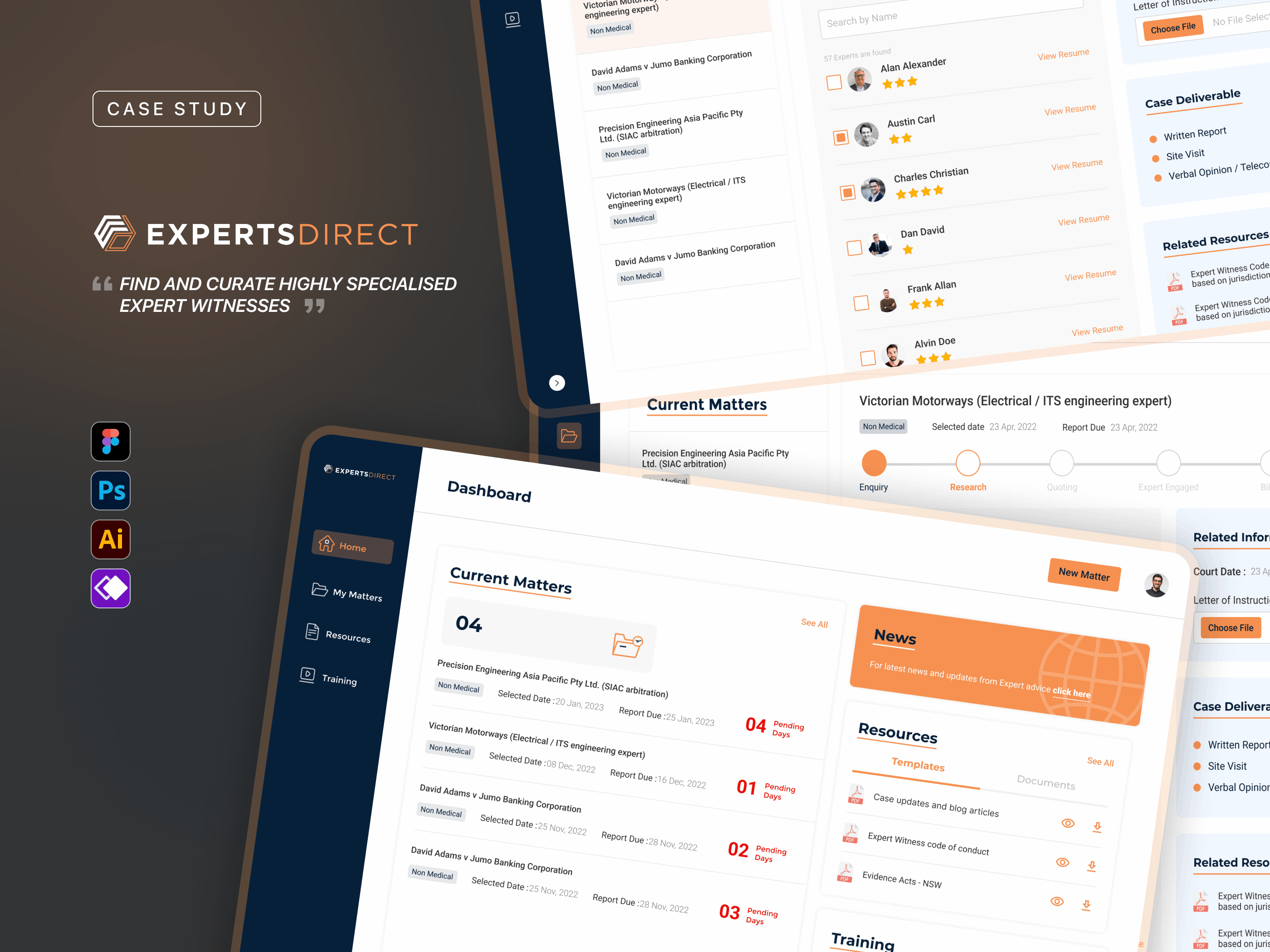 Legal Experts Support Platform | Web App | Case Study artificial intelligence dark blue design process experts expertsdirect lawyers matters news orange process resources style guide timline uiux user interface visual designs web portal webapp wireframes witness