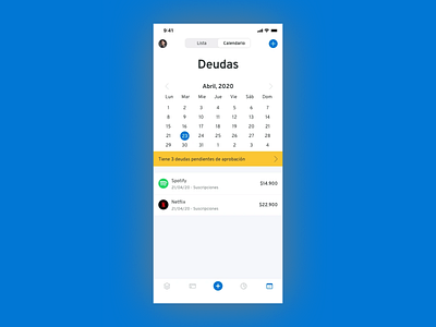 Debts view alert app design calendar debts finance segmented control spotify tabs transaction list