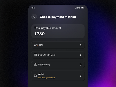 Choose payment method 💵 dark mode design mobile app design product design ui user interface ux ux design visual design