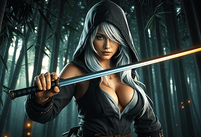 Alyssia Kent | The White-Haired Assassin | tracingflock actress ai art artificial intelligence assassin bamboo forest beautiful woman forest photography freepik girl hot actress katana killer movie photography professional sword tracingflock under the hood warrior woman warrior