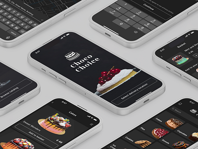 ChocoChoice delivery app concept app app design black dark design dark interface dark mode dark ui delivery app deserts deserts delivery design concept food delivery grey mobile app pastry delivery ui uxui