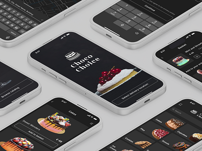 ChocoChoice delivery app concept app app design black dark design dark interface dark mode dark ui delivery app deserts deserts delivery design concept food delivery grey mobile app pastry delivery ui uxui