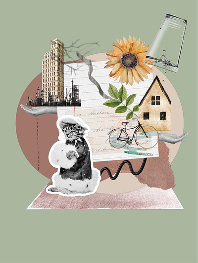 The village vs the big city. Special order for podcast. bicycle bike cat city collage digital collage green house industrial life poster skyscraper slow life street town village