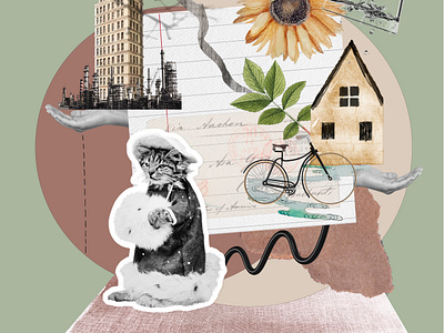 The village vs the big city. Special order for podcast. bicycle bike cat city collage digital collage green house industrial life poster skyscraper slow life street town village