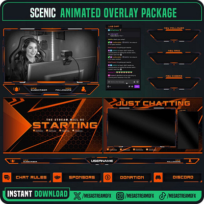 Professional Orange Stream Overlay I Twitch Overlay overlay full pack