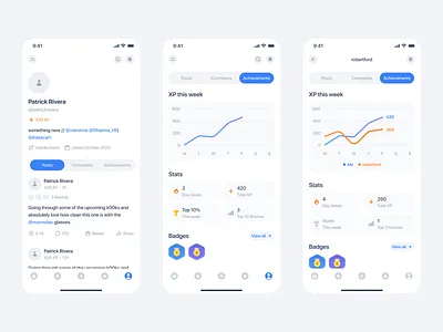 Crypto Community App: Profile & Stats achievements app badges charts community crypto design media profile social stats ui ux