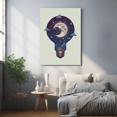 Modernist style A large lightbulb with a night sky. abstract art concept art cute design geometric graphic design lightbulb modernist night sky wall art