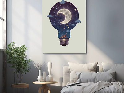 Modernist style A large lightbulb with a night sky. abstract art concept art cute design geometric graphic design lightbulb modernist night sky wall art