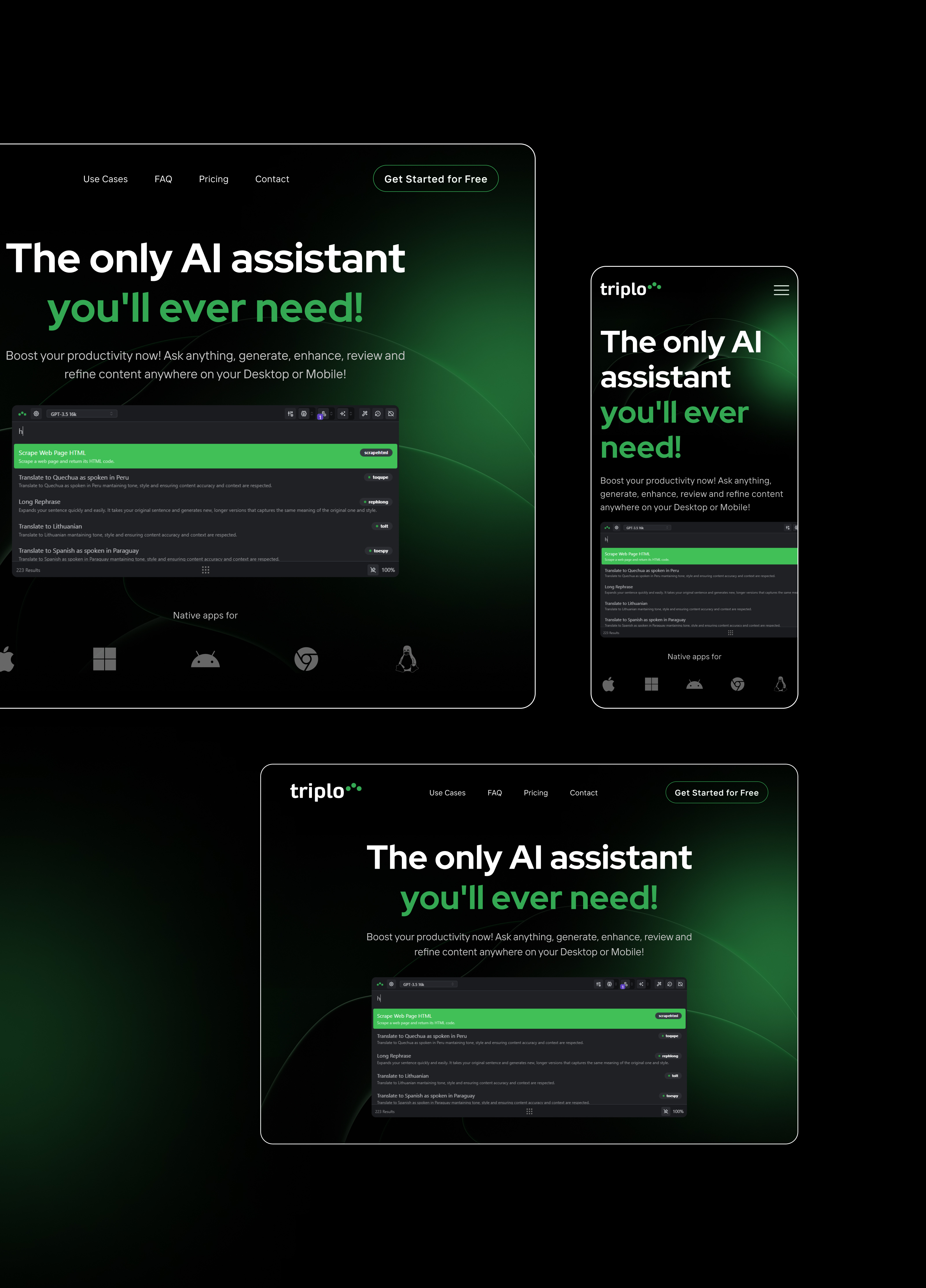 AI Assistant Landing Page Design ai assistant landing page ai platform user interface conversion focused landing page desktop and mobile ui digital assistant design effective website navigation engaging call to action green theme web design innovative ai solutions interactive web design productivity tools ui design saas product design tech startup landing page technology services website user friendly interface design