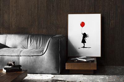 A girl with long hair holding a red balloon. abstract art balloon cute design geometric girl graphic design illustration red balloon wall art