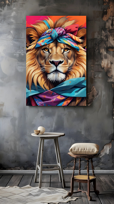 A close-up portrait of a lion wearing a scarf. abstract art artwork cute design graphic design lion portrait scarf wall art