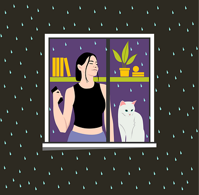 Rainy Days cat chill design girl graphic design illustration mood purple rain room vector vibe window woman