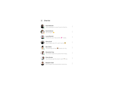 Chat list chat chat list component conversation design exploration direct message emoji figma light mode message messages modal people product design profile social ui user ux web design