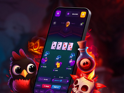 Online Poker - Mobile Interface betting card games casino dark game dark ui gambling game interface game ui gaming holdem live casino live poker online casino online poker playing cards poker poker app poker design poker table stakes