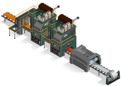 Isometric illustration steel industry 2d illustration continuous caster hot rolling mill industry isometric process line steel furnace vector