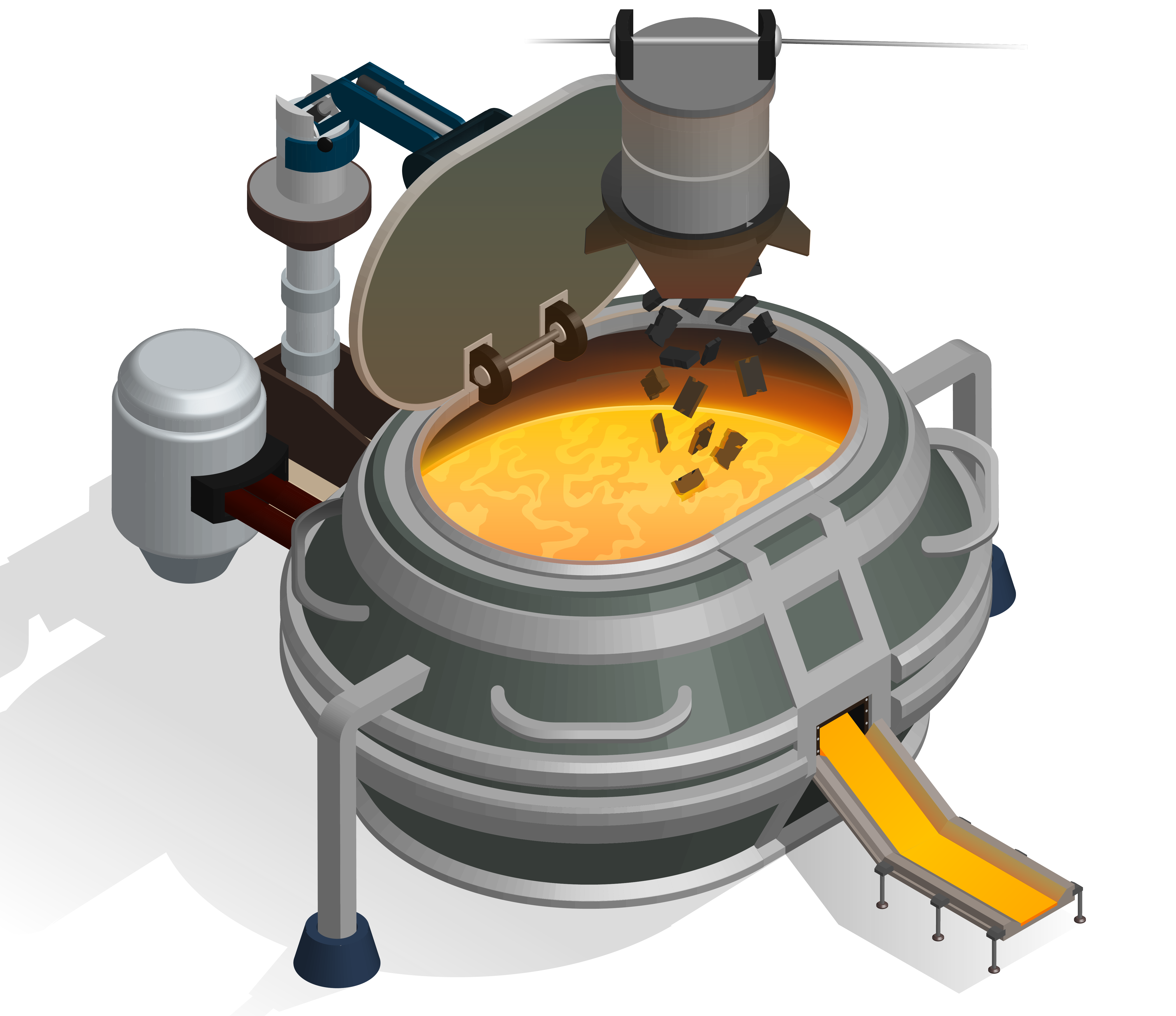 Isometric illustration steel industry 2d illustration continuous caster hot rolling mill industry isometric process line steel furnace vector