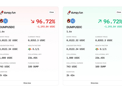 Active Shitcoin Dump Requests for Dumpy.fun application card component design interface list product request screen shitcoin ui ux web3