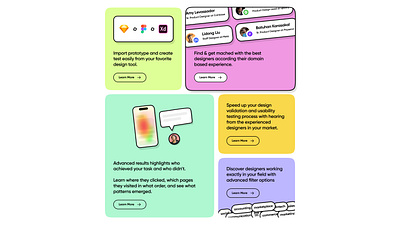 Landing Page Components for Reviewedby Design Feedback Platform branding colorful component design green interface landing page lime pink product purple section widgets yellow