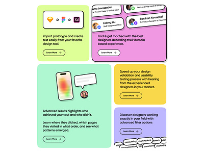 Landing Page Components for Reviewedby Design Feedback Platform branding colorful component design green interface landing page lime pink product purple section widgets yellow