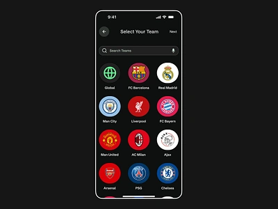 Select Your Team ⚽️⚡️ app appdesign barca branding dailyui dark darkmode design figma football green illustration ios logo mancity realmadrid soccer soccerapp ui ux