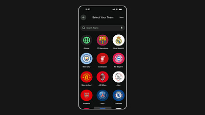 Select Your Team ⚽️⚡️ app appdesign barca branding dailyui dark darkmode design figma football green illustration ios logo mancity realmadrid soccer soccerapp ui ux