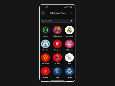 Select Your Team ⚽️⚡️ app appdesign barca branding dailyui dark darkmode design figma football green illustration ios logo mancity realmadrid soccer soccerapp ui ux