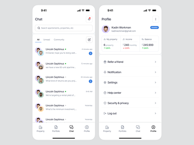 Apartment Investment Mobile App - Chat and Profile agent airbnb apartment chat house investment investor ios message mobile app product design profile property property apps property invest real estate real estate agent settings ui ux