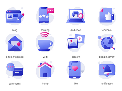 Social Media 2D Icons Animation 2d animation audience blog comments content direct message feedback flat global network home icons icons set illustration like motion notification ranking social media wifi