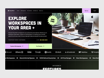 Workspace Finder Website Design black brutalism classic dark elegant green grid hero light colors night mode purple sharp ui uidesign web web design website design work workspace