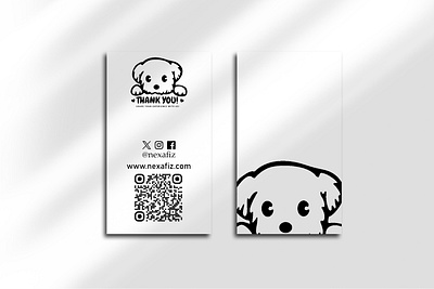 Thank You Card Design Description blackandwhite businessbranding cleandesign creativecard customerappreciation customerengagement customillustration cutedesign dogillustration interactivedesign minimalistcard minimalistdesign moderndesign monochromedesign petthemeddesign playfuldesign qrcode socialmediacard thankyoucard userengagement