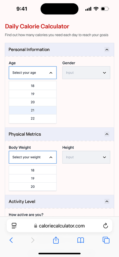 Daily Calorie Intake Calculator. calculator calories daily ui ui design ux design