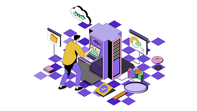 Data Center Isometric 2D Animation 2d animation cloud cloud services cloud storage data center data processing data storage database digital assets flat illustration it infrastructure man motion network security server server room technology services web hosting