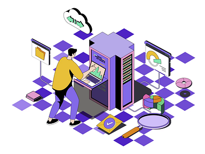 Data Center Isometric 2D Animation 2d animation cloud cloud services cloud storage data center data processing data storage database digital assets flat illustration it infrastructure man motion network security server server room technology services web hosting