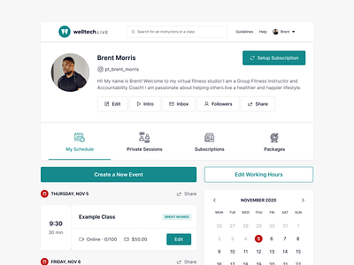 Welltech - Trainer Profile Page calendar create dashboard event feed finance menu new peer personal platform profile saas schedule setup subscription tabs trainer ui workout