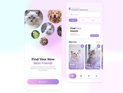 Pet Adoption - App adoption animals app appdesign cats concept cute design dogs gradient homescreen pastel pet pets purple startscreen ui ux