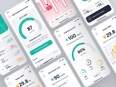 nightingale UI Kit: AI Medical & E-Pharmacy | Health Metrics UI ai healthcare app ai medical app ai pharmacy app blood pressure app cholesterol app clean health metrics ui health monitor app health score ui health tracker app healthcare ui kit medical ui kit minimal modern pharmacy ui kit simple teal virtual care virtual care app weight tracker app