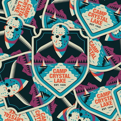 Camp Crystal Lake - Est. 1935 80s art badge creature creepy design friday the 13th graphic design halloween horror illustration jason merchandising movies retro spooky sticker vector