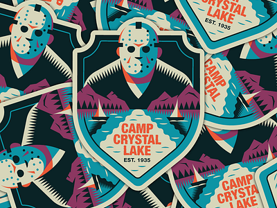 Camp Crystal Lake - Est. 1935 80s art badge creature creepy design friday the 13th graphic design halloween horror illustration jason merchandising movies retro spooky sticker vector