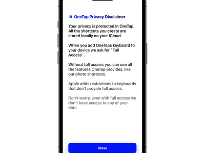 OneTap Privacy Disclaimer app design design mobile app privacy disclaimer ui