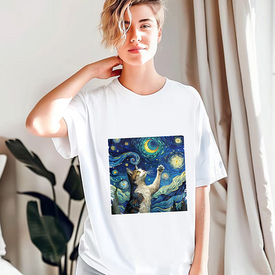 Starry Night Cat, Oil Painting Cat,Black Cat T-Shirt Cute Kitty halloween tshirt design