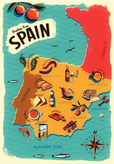 Food Map of Spain food map spain vintage